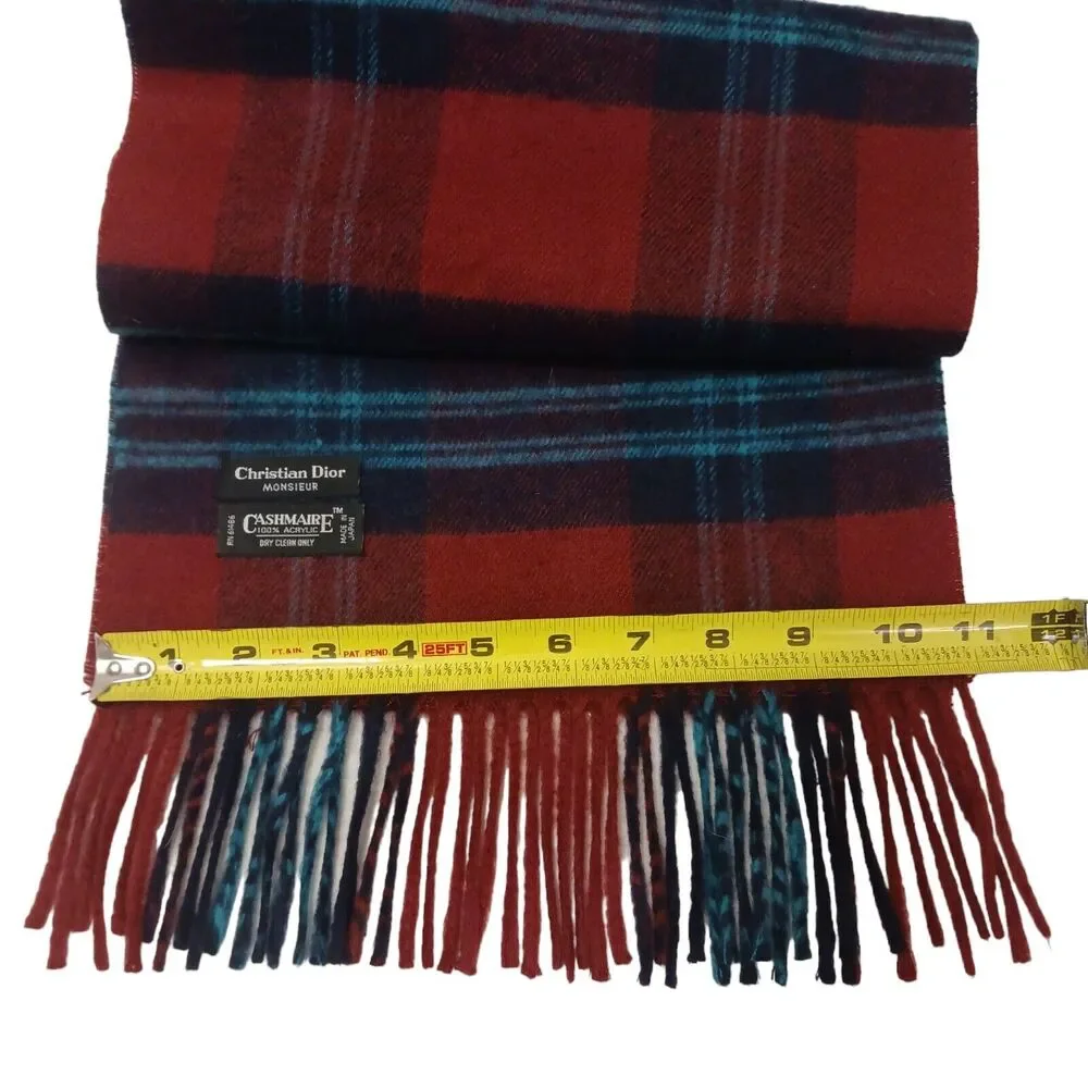 Christian Dior Cashmaire SCARF 47”x11” Red Black Plaid Tartan Monsieur was$490